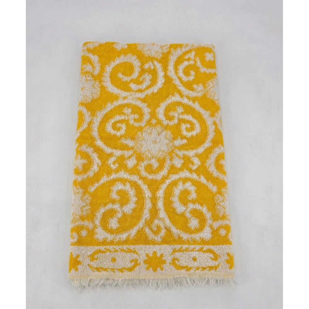 Vintage Yellow & White Reversible Floral Scroll Bath Towel 37x24 Fringed Retro